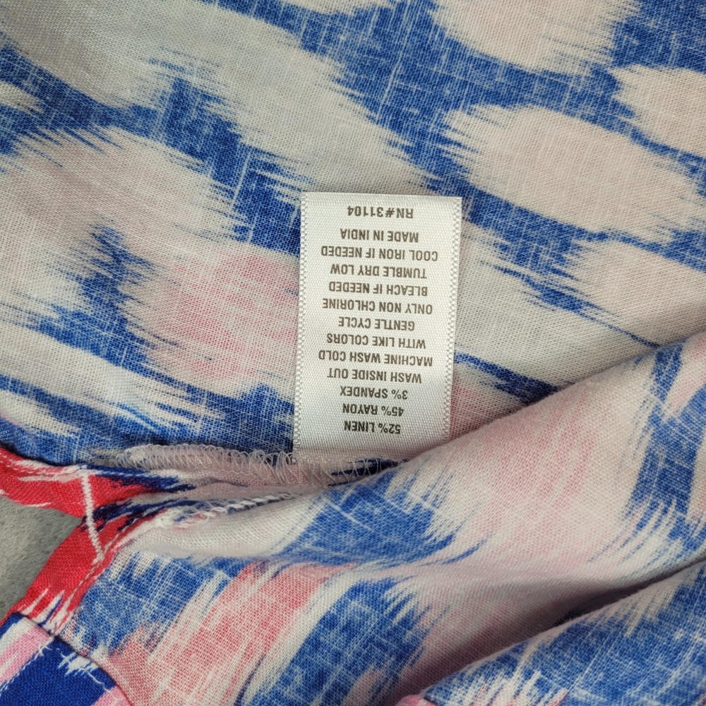Crown & Ivy Blue Pink Ikat Sleeveless Ruffle Neck Linen Blend Top Petite Small - Picture 3 of 7